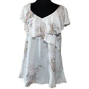 a.n.a A New Approach Ruffled White Paisley Blouse 100% Rayon Women's Size Medium